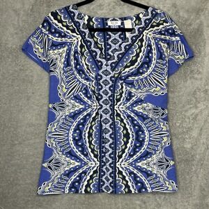 Liz & Co Liz Claiborne 2X Top Shirt Blue Paisley Cap Short Sleeve V Neck Cotton